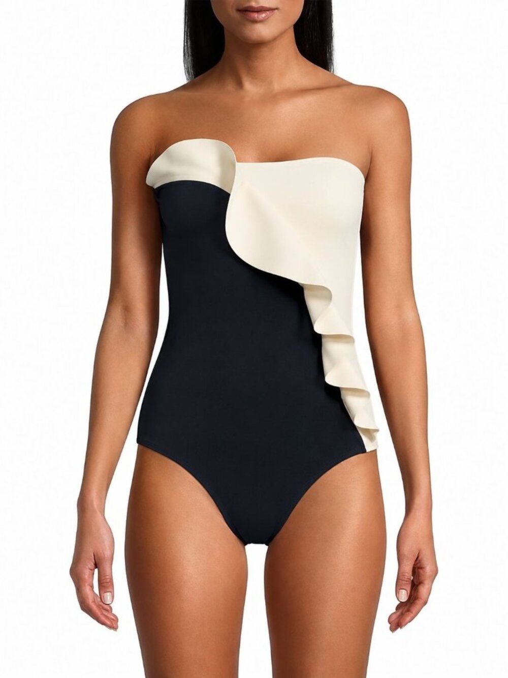 NWT Evarae Pavana Bandeau Ruffle One Piece Swimsuit Black /Cream Size 2